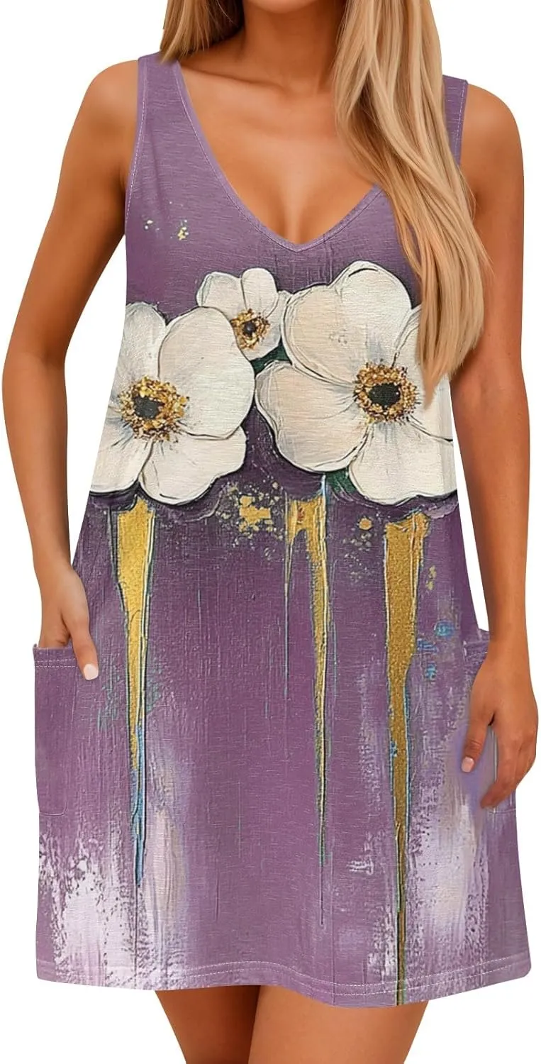 Women's Sleeveless Summer Dress V-Neck Casual Loose Fit with Abstract Purple Print, Lightweight and Breathable