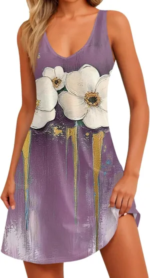 Women's Sleeveless Summer Dress V-Neck Casual Loose Fit with Abstract Purple Print, Lightweight and Breathable