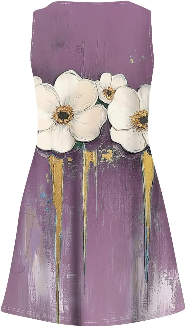 Women's Sleeveless Summer Dress V-Neck Casual Loose Fit with Abstract Purple Print, Lightweight and Breathable