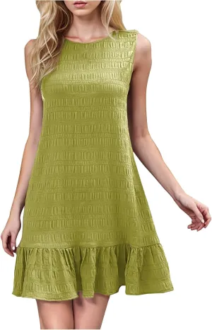 Womens Sleeveless Summer Dresses Crew Neck Ruffle Mini Dress Casual Tshirt Dress Trendy Beach Vacation Outfits Sundress
