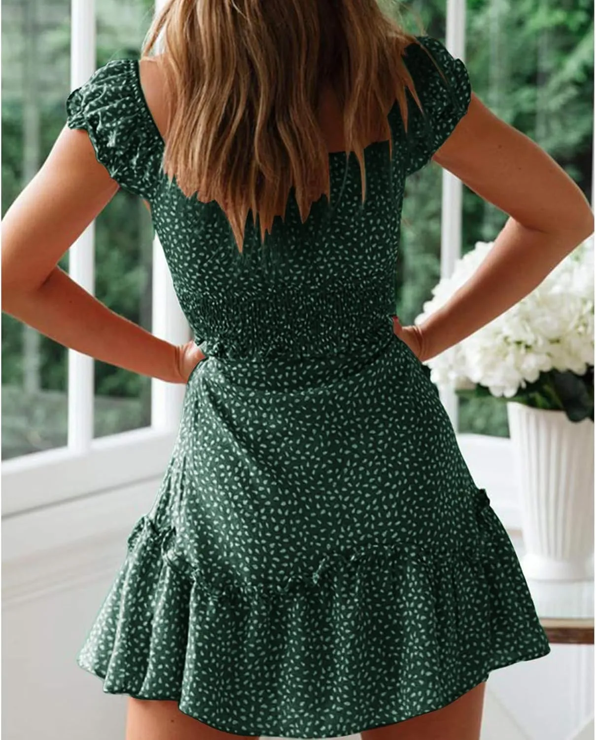 Womens Smocked Dress Summer Boho Floral Square Neck Short Sleeve Ruffle Mini Dress Casual Beach Vacation Dresses