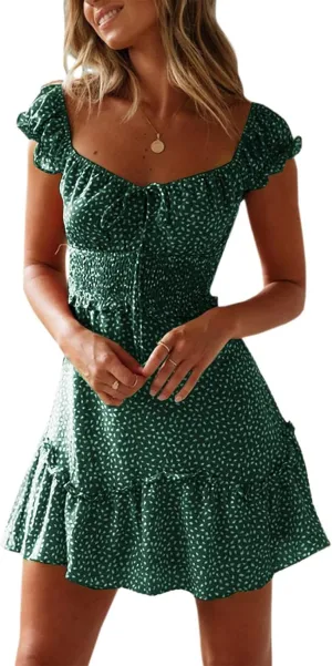Womens Smocked Dress Summer Boho Floral Square Neck Short Sleeve Ruffle Mini Dress Casual Beach Vacation Dresses