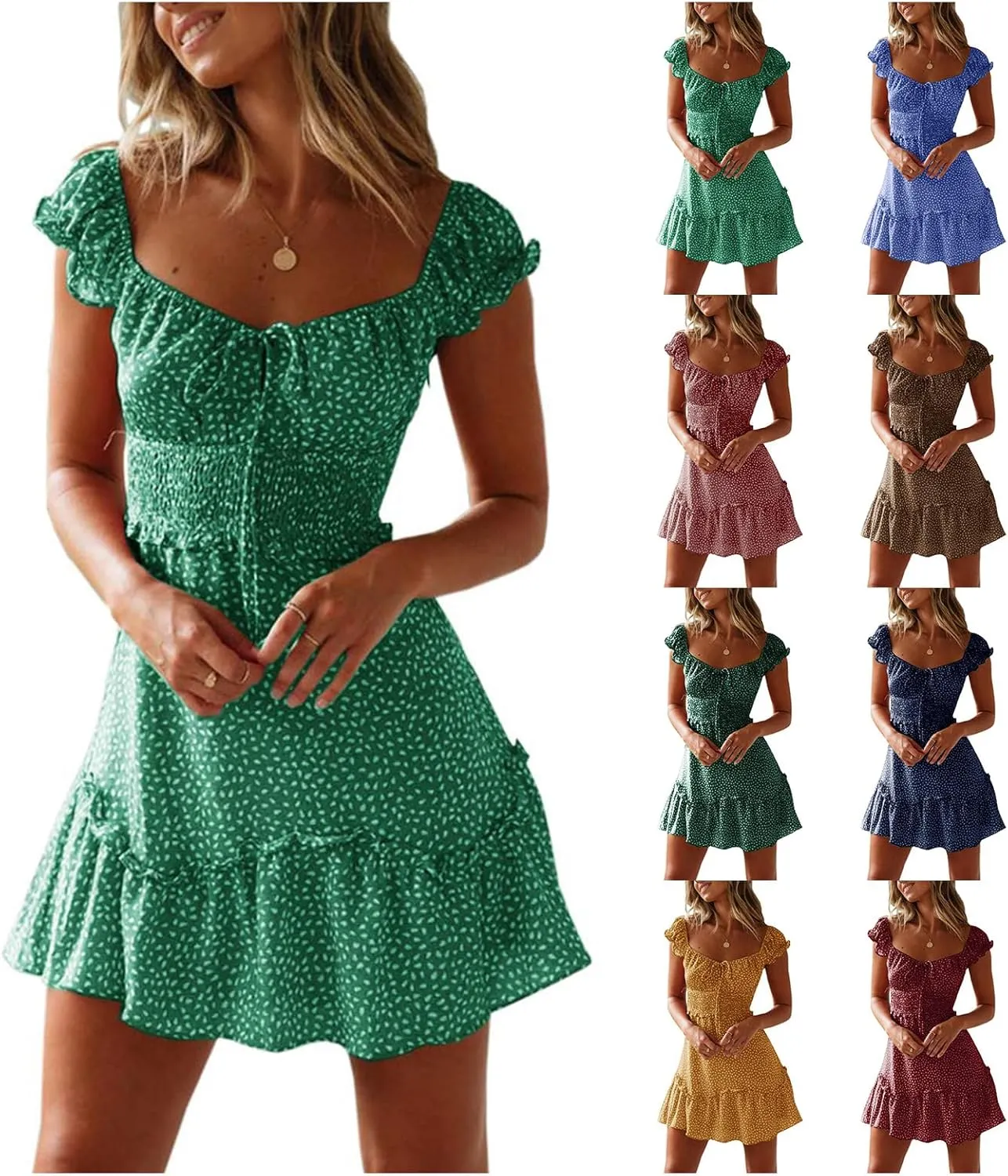 Womens Smocked Dress Summer Boho Floral Square Neck Short Sleeve Ruffle Mini Dress Casual Beach Vacation Dresses