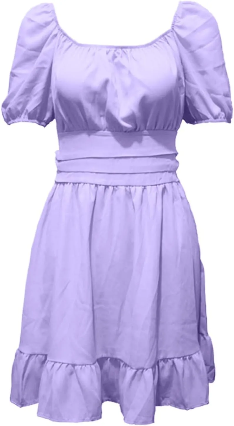 Women's Smocked Ruffle Mini Dresses Long Sleeve Square Neck High Waist Ruffle Hem Flowy Casual Party Dress