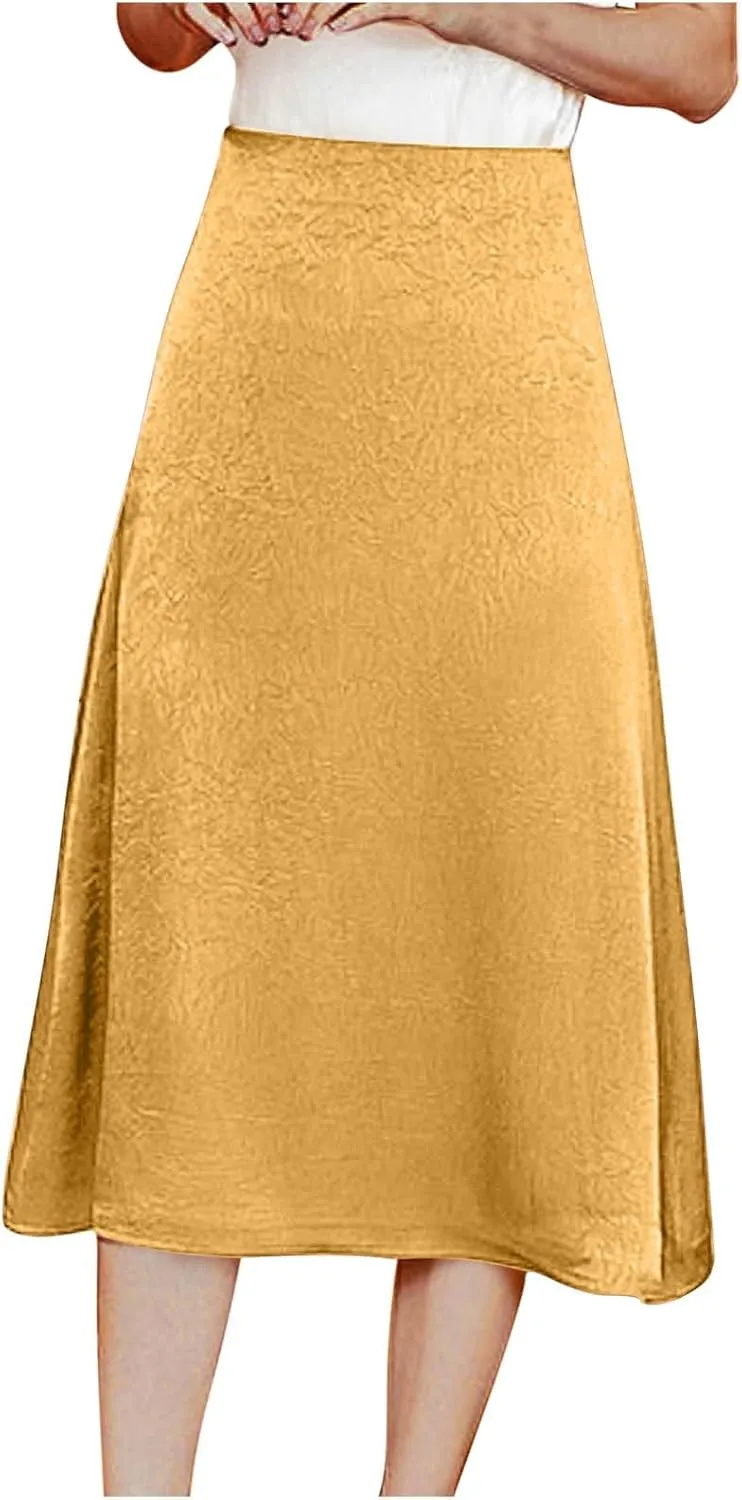 Womens Solid Ruched High Waist Knee Length Skirt Elegant Stretch Flare Work Skirts Trendy Business Dress