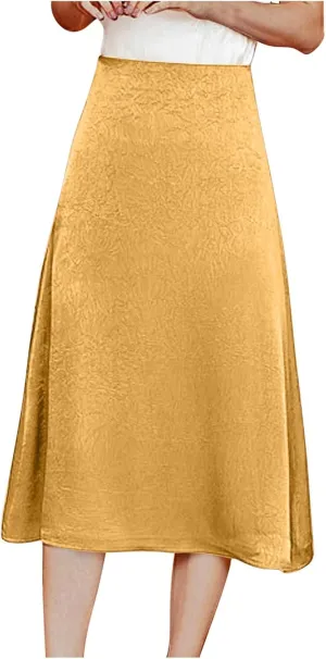 Womens Solid Ruched High Waist Knee Length Skirt Elegant Stretch Flare Work Skirts Trendy Business Dress
