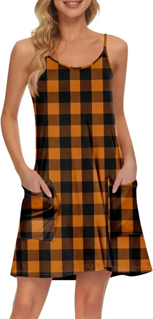 Women's Spaghetti Strap Dress Summer Color Block Print Sleeveless Sundress Casual Vacation Beach Dresses with Pockets