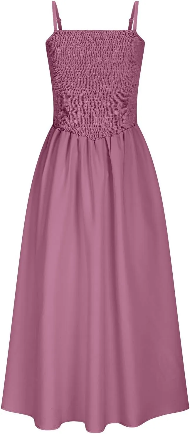 Womens Spaghetti Strap Maxi Dresses Sexy Summer Casual Sleeveless Smocked Boho A Line Long Flowy Swing Beach Sundress