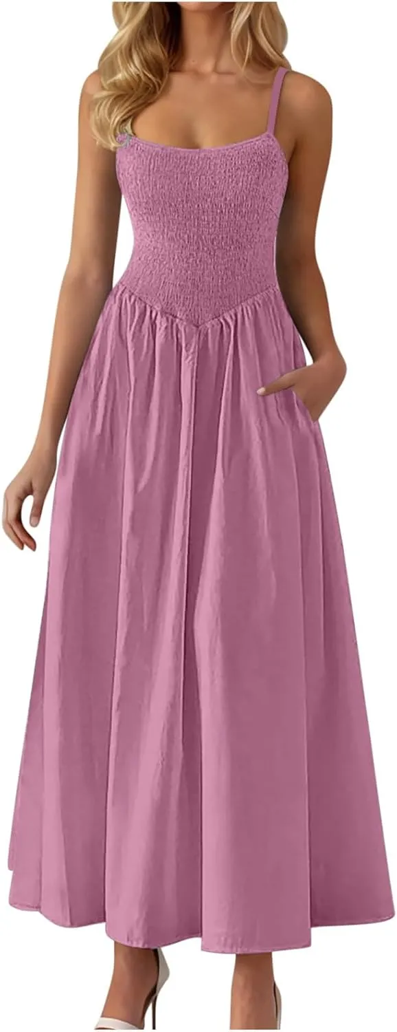 Womens Spaghetti Strap Maxi Dresses Sexy Summer Casual Sleeveless Smocked Boho A Line Long Flowy Swing Beach Sundress