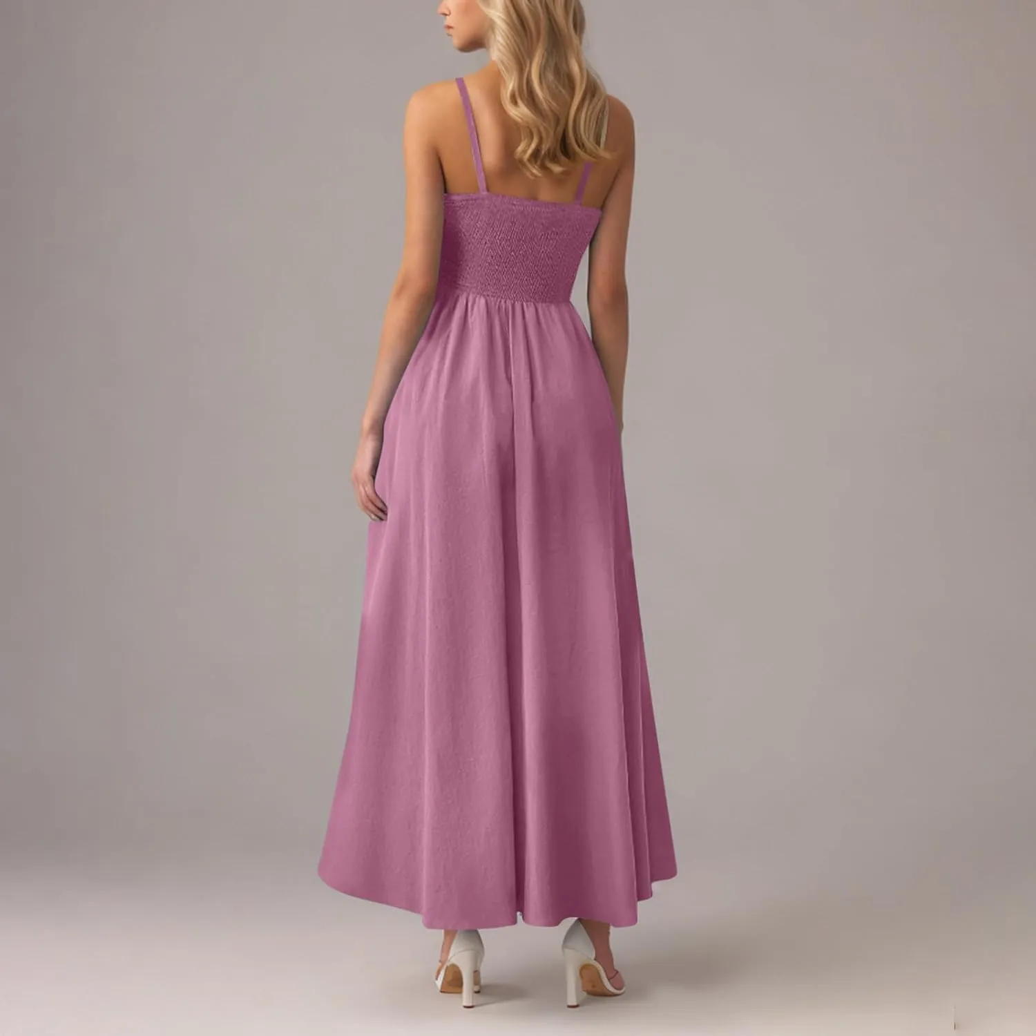 Womens Spaghetti Strap Maxi Dresses Sexy Summer Casual Sleeveless Smocked Boho A Line Long Flowy Swing Beach Sundress