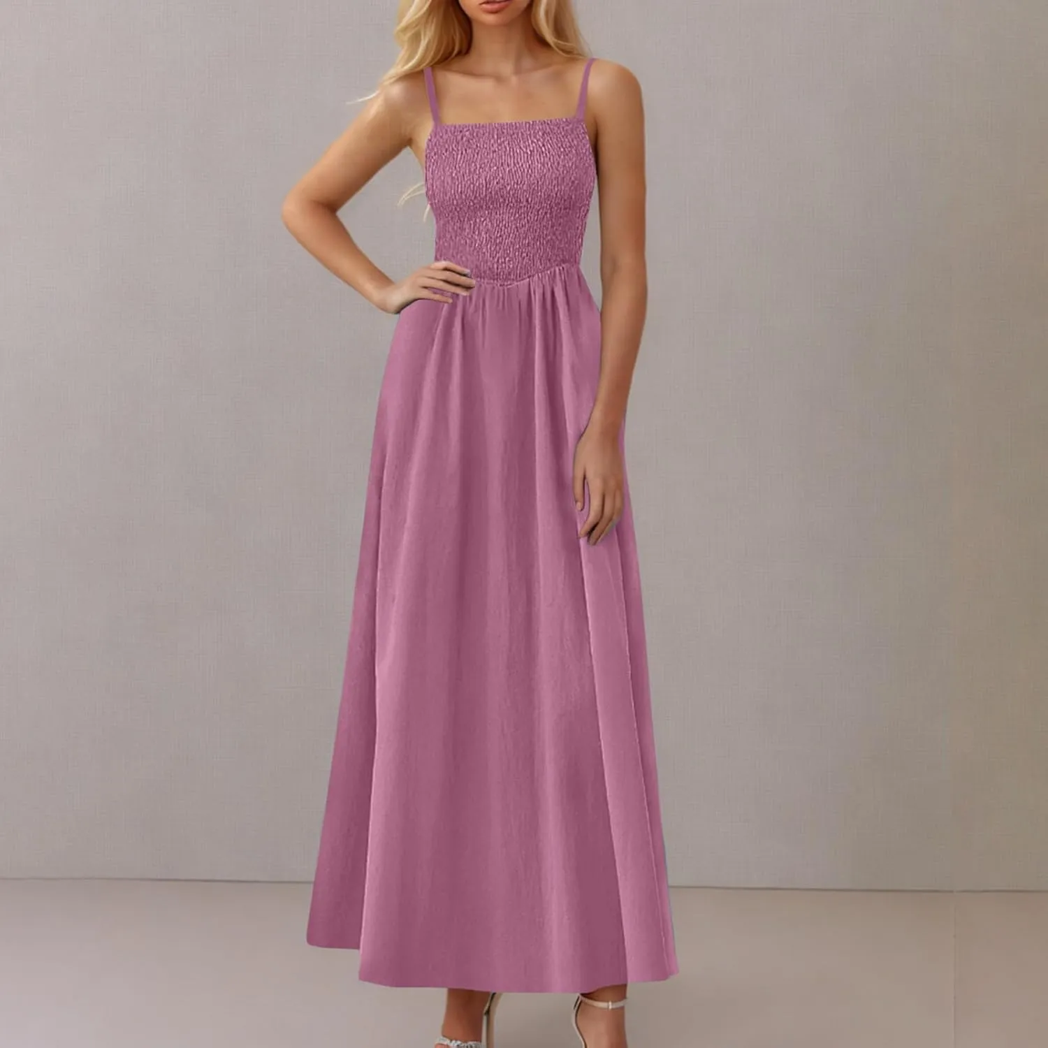 Womens Spaghetti Strap Maxi Dresses Sexy Summer Casual Sleeveless Smocked Boho A Line Long Flowy Swing Beach Sundress