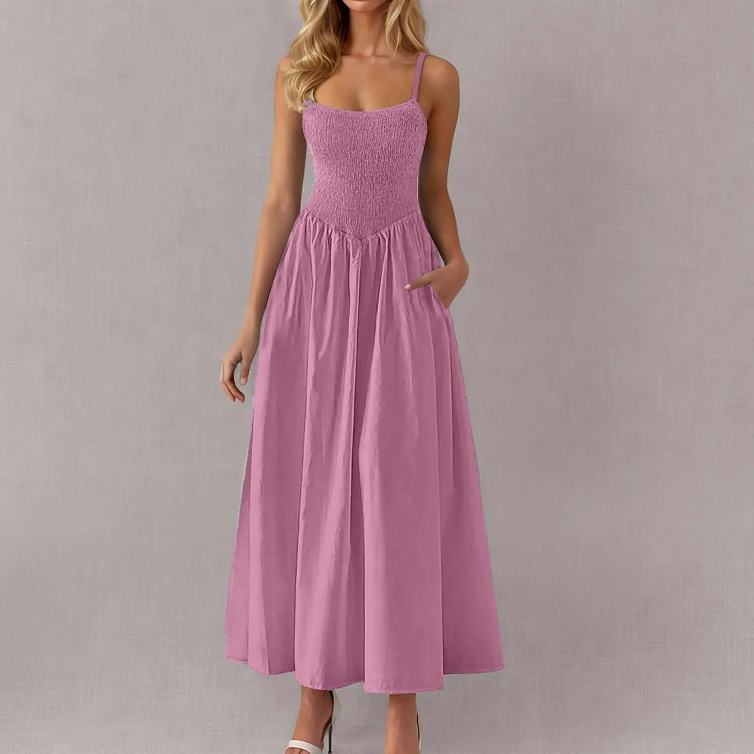 Womens Spaghetti Strap Maxi Dresses Sexy Summer Casual Sleeveless Smocked Boho A Line Long Flowy Swing Beach Sundress