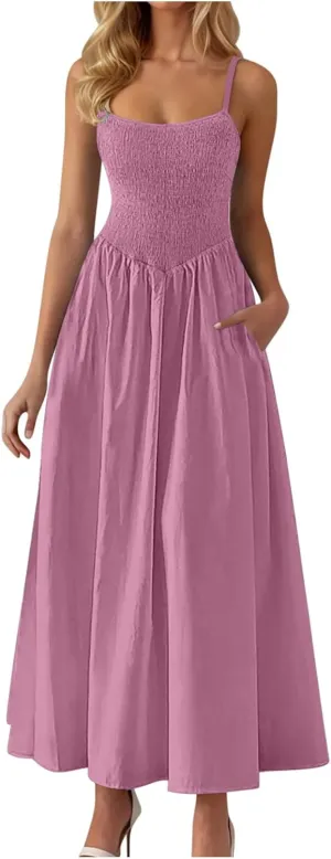 Womens Spaghetti Strap Maxi Dresses Sexy Summer Casual Sleeveless Smocked Boho A Line Long Flowy Swing Beach Sundress