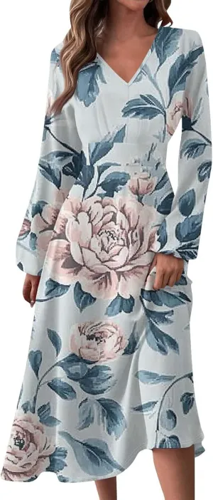 Women's Spring Beach Loose Long Sleeve Floral Print Dress Fashion V Neck Long Dresses
