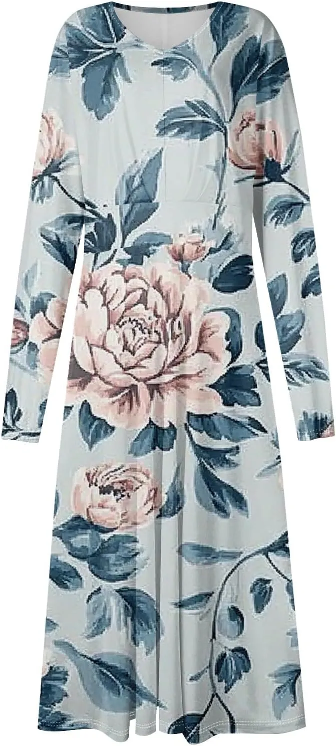 Women's Spring Beach Loose Long Sleeve Floral Print Dress Fashion V Neck Long Dresses