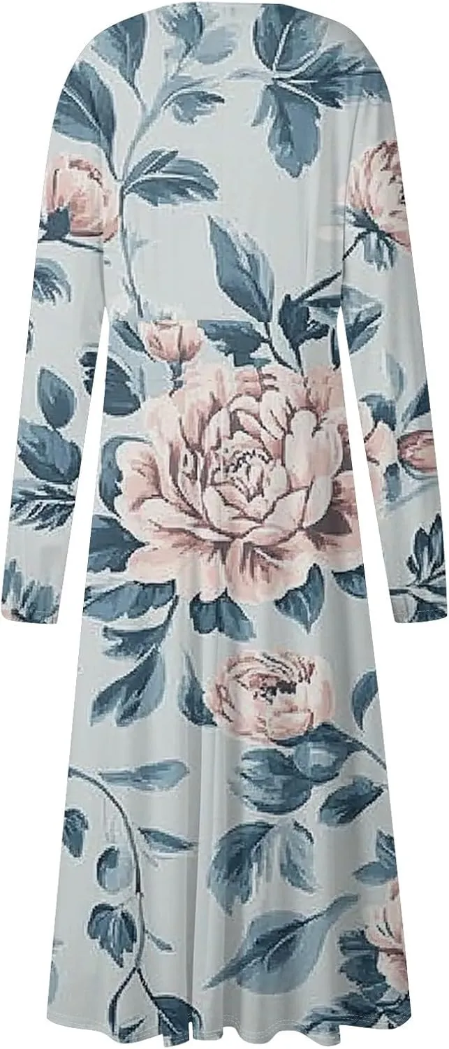 Women's Spring Beach Loose Long Sleeve Floral Print Dress Fashion V Neck Long Dresses