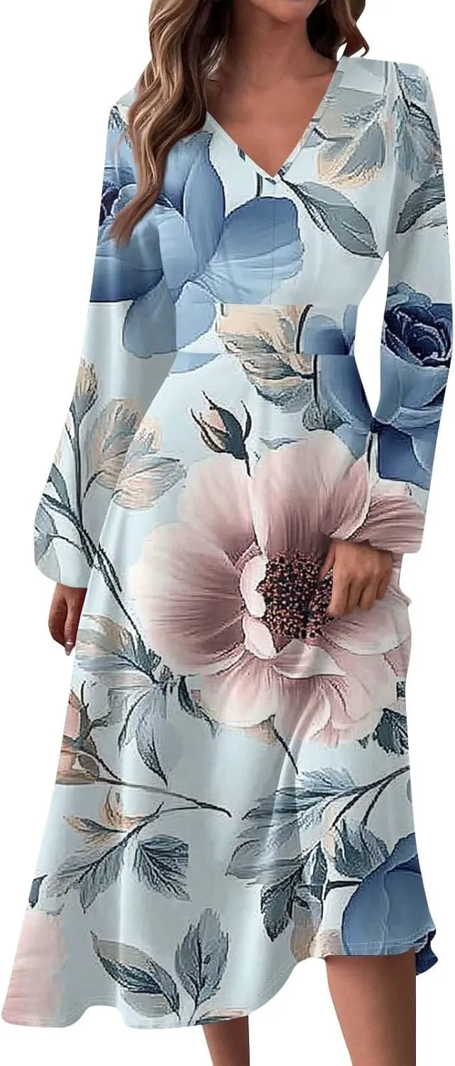 Women's Spring Beach Loose Long Sleeve Floral Print Dress Fashion V Neck Long Dresses