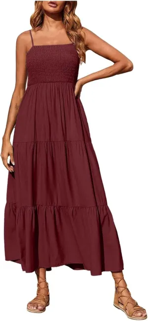 Women's Spring Dress Sleeveless Strapless Halter 2024 Casual Loose Solid Color Printed Maxi Dresses, S-3XL