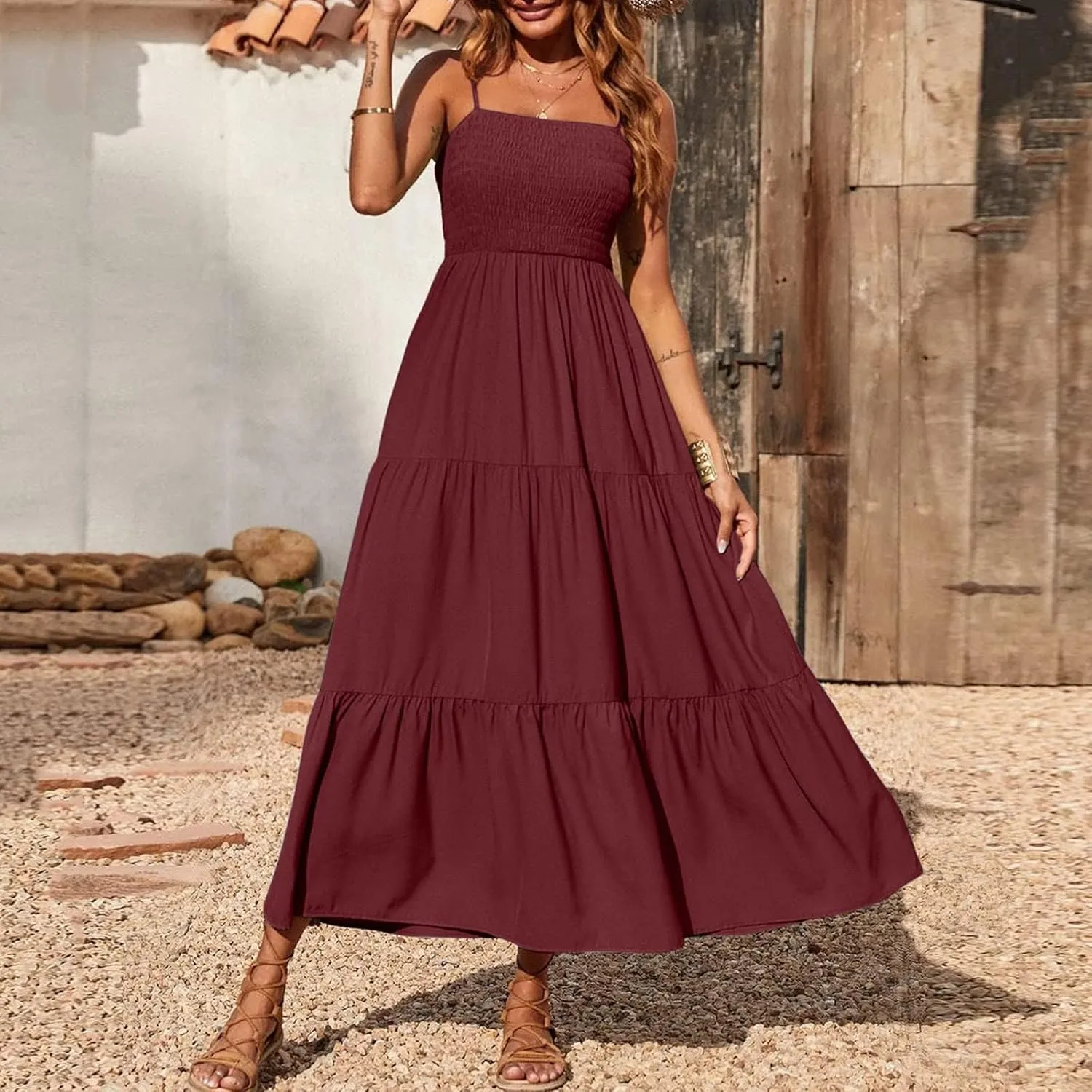 Women's Spring Dress Sleeveless Strapless Halter 2024 Casual Loose Solid Color Printed Maxi Dresses, S-3XL