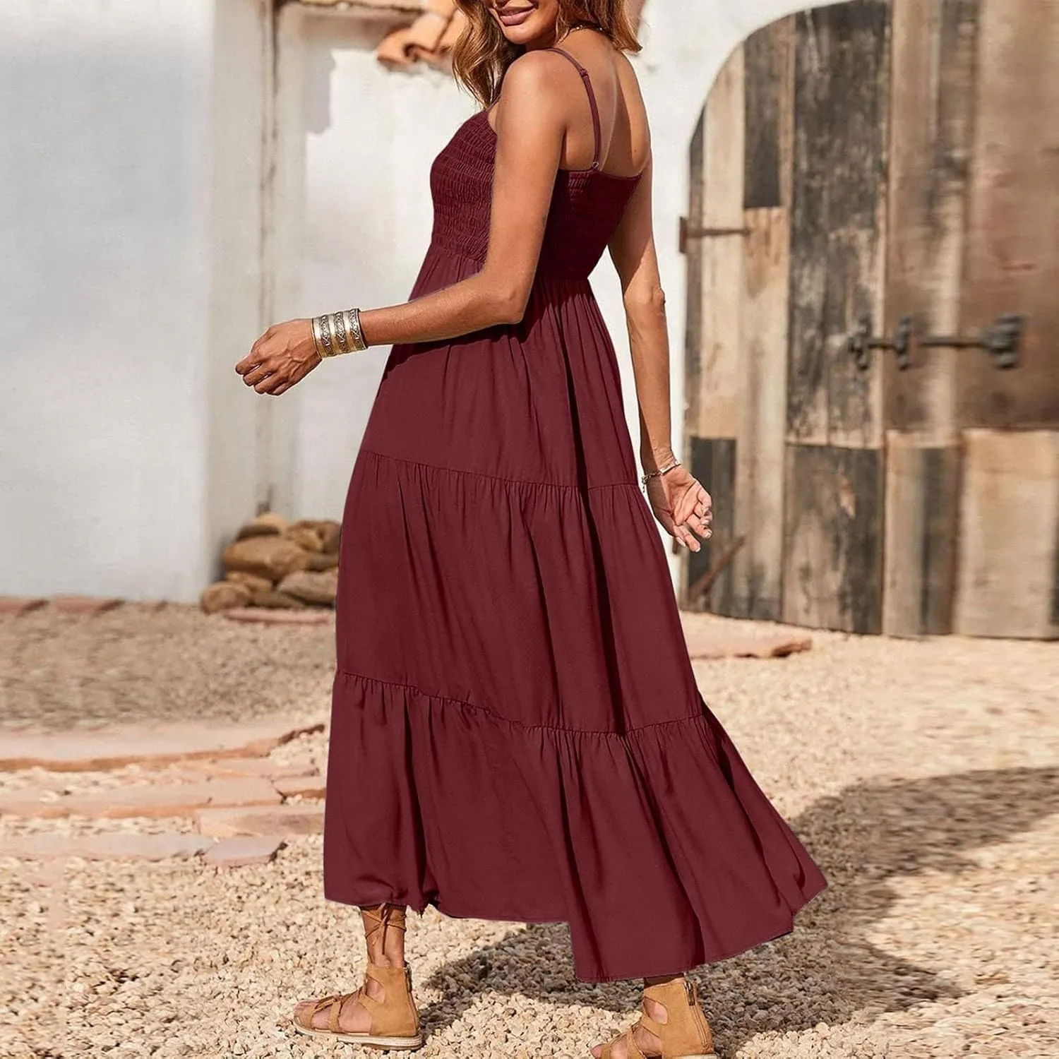 Women's Spring Dress Sleeveless Strapless Halter 2024 Casual Loose Solid Color Printed Maxi Dresses, S-3XL