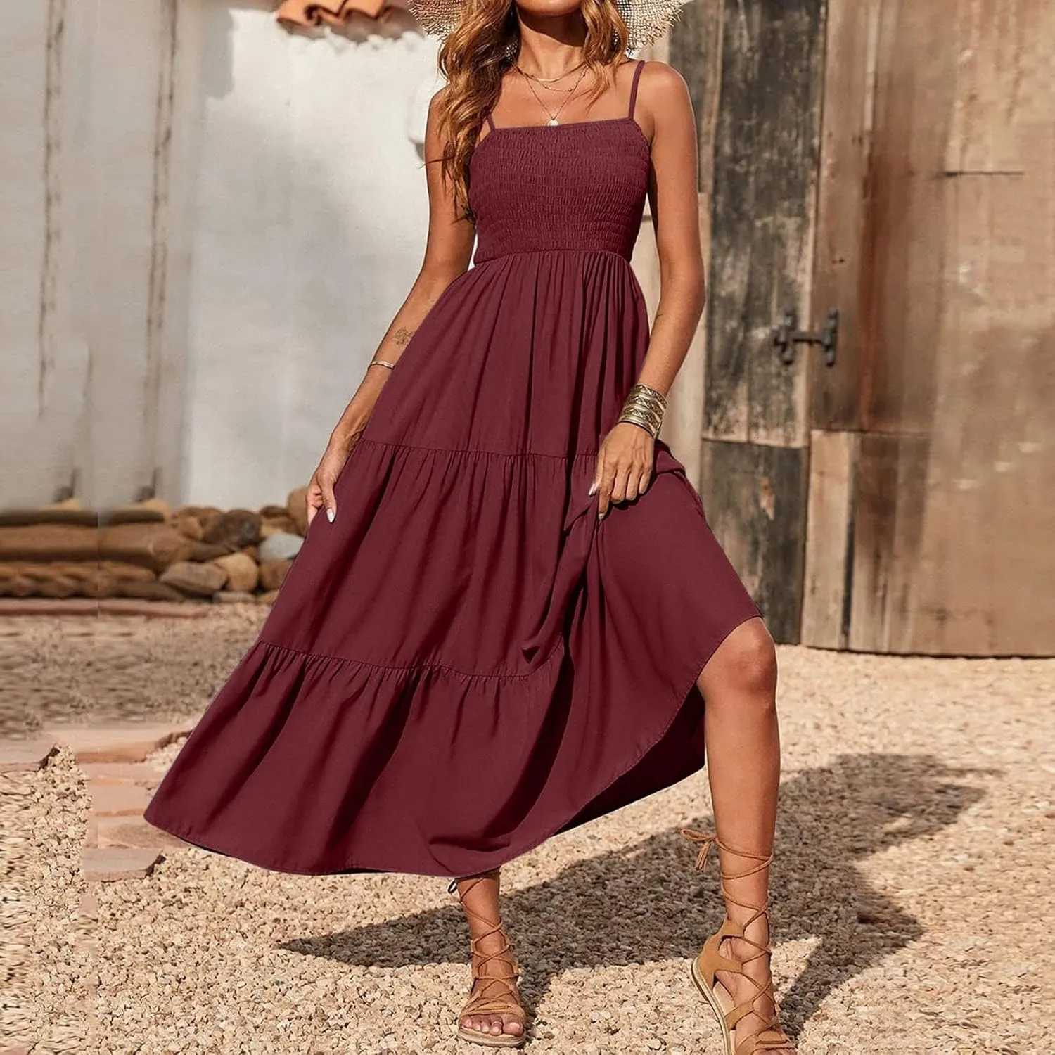 Women's Spring Dress Sleeveless Strapless Halter 2024 Casual Loose Solid Color Printed Maxi Dresses, S-3XL