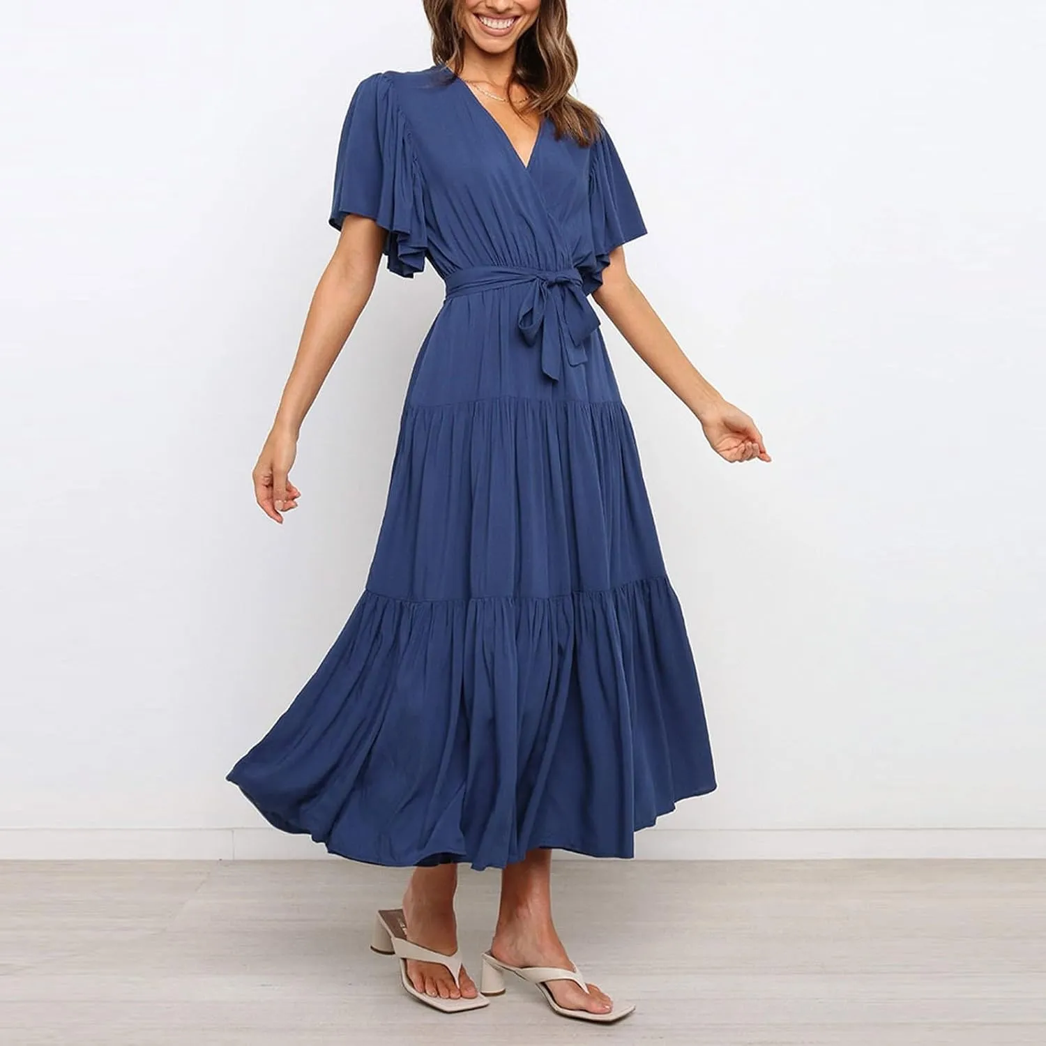 Women's Spring Dresses Summer 2025 Casual Loose Trendy Short Sleeve V-Neck Solid Color Flowy Maxi Dress, S-XL