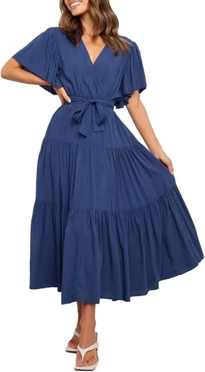 Women's Spring Dresses Summer 2025 Casual Loose Trendy Short Sleeve V-Neck Solid Color Flowy Maxi Dress, S-XL