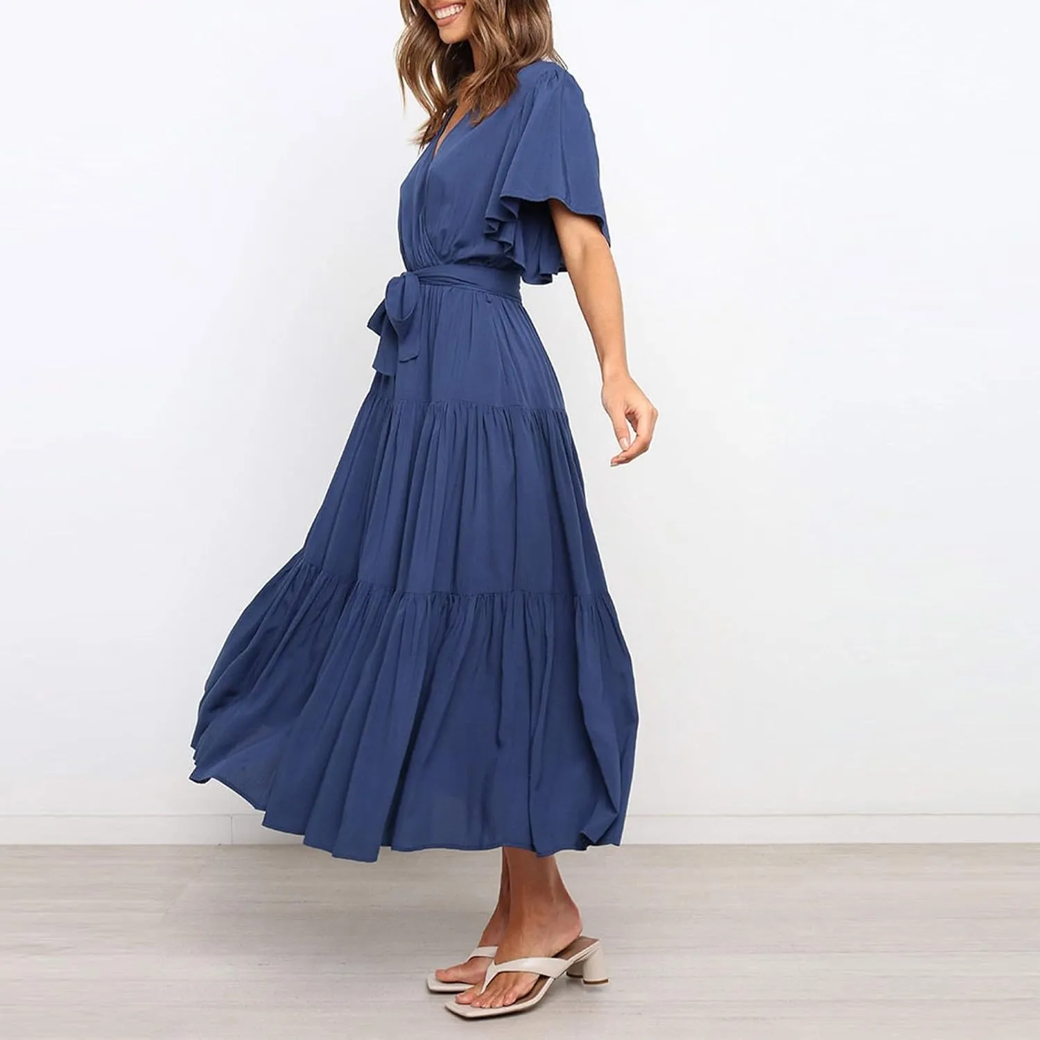 Women's Spring Dresses Summer 2025 Casual Loose Trendy Short Sleeve V-Neck Solid Color Flowy Maxi Dress, S-XL