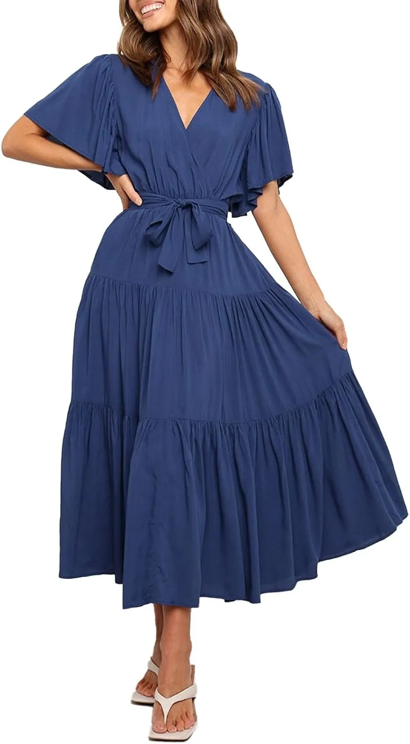 Women's Spring Dresses Summer 2025 Casual Loose Trendy Short Sleeve V-Neck Solid Color Flowy Maxi Dress, S-XL