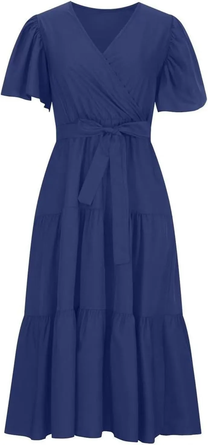 Women's Spring Dresses Summer 2025 Casual Loose Trendy Short Sleeve V-Neck Solid Color Flowy Maxi Dress, S-XL