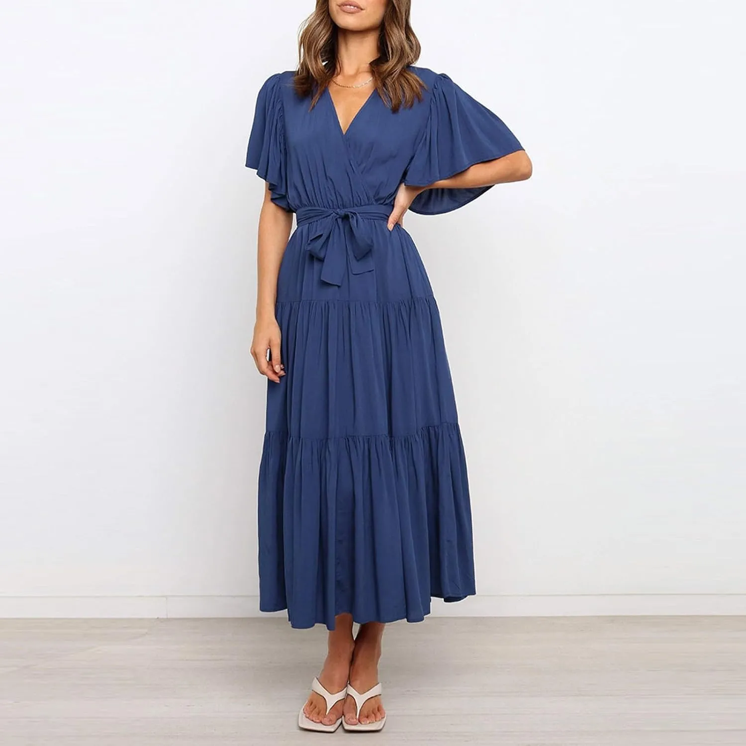 Women's Spring Dresses Summer 2025 Casual Loose Trendy Short Sleeve V-Neck Solid Color Flowy Maxi Dress, S-XL
