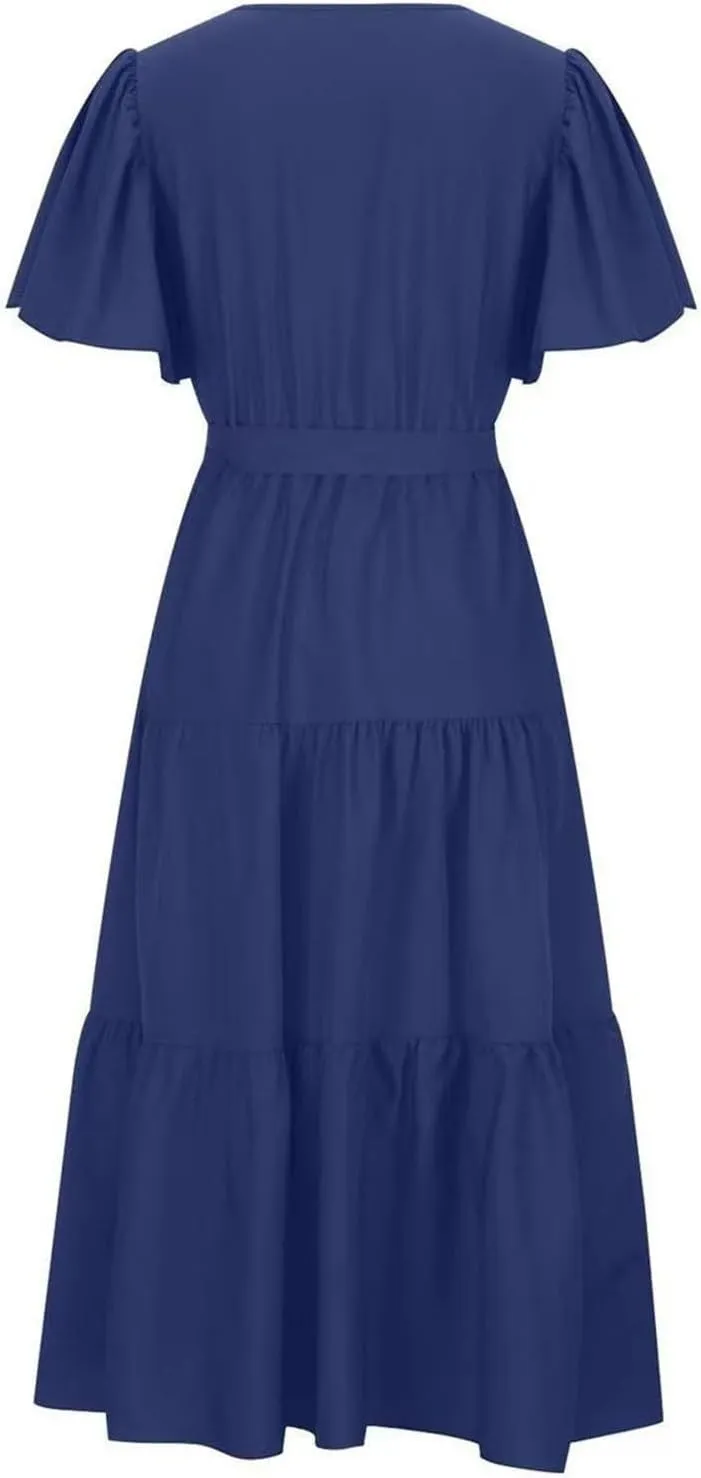 Women's Spring Dresses Summer 2025 Casual Loose Trendy Short Sleeve V-Neck Solid Color Flowy Maxi Dress, S-XL