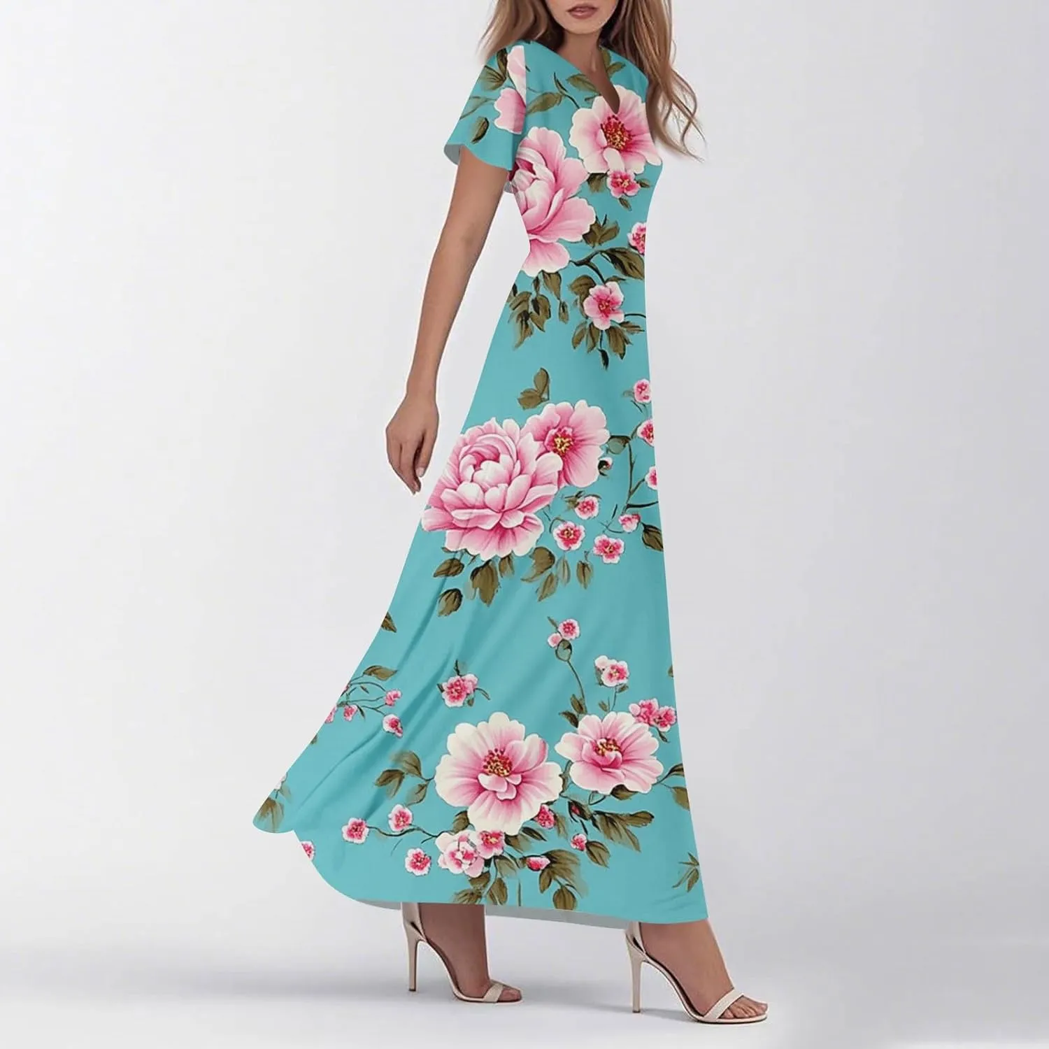 Womens Spring Dresses,Women's Loose Casual V-Neck Short Sleeved High Waisted Print Chiffon Dress