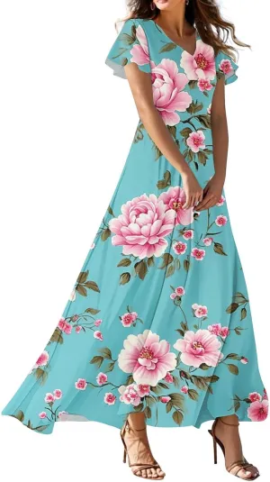 Womens Spring Dresses,Women's Loose Casual V-Neck Short Sleeved High Waisted Print Chiffon Dress