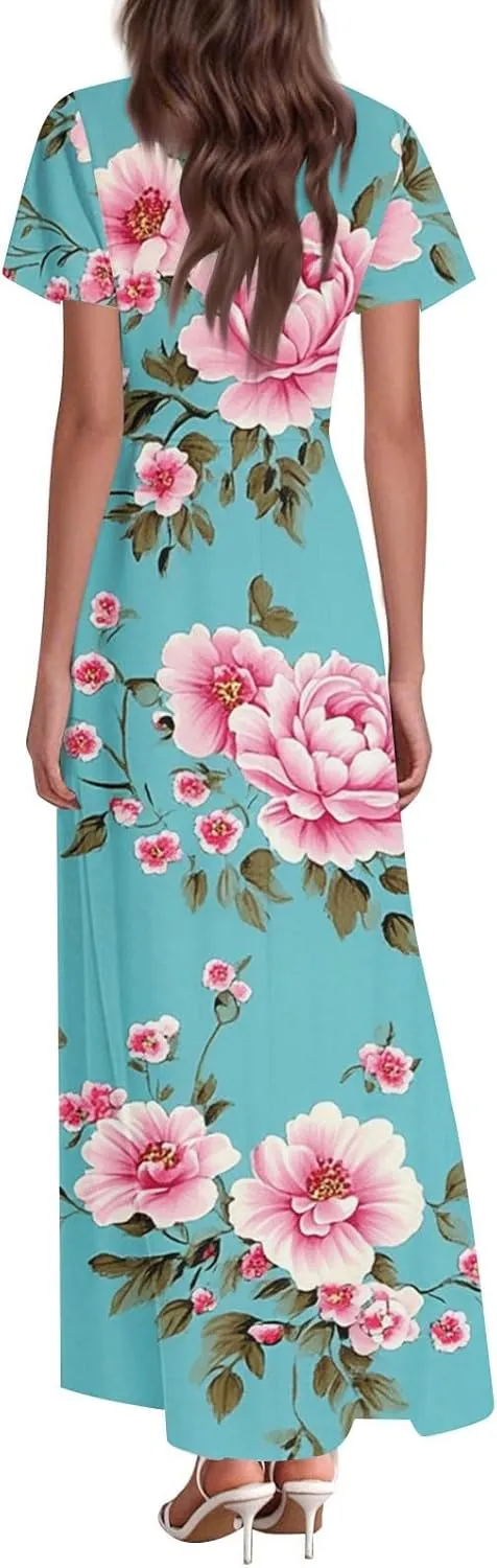 Womens Spring Dresses,Women's Loose Casual V-Neck Short Sleeved High Waisted Print Chiffon Dress