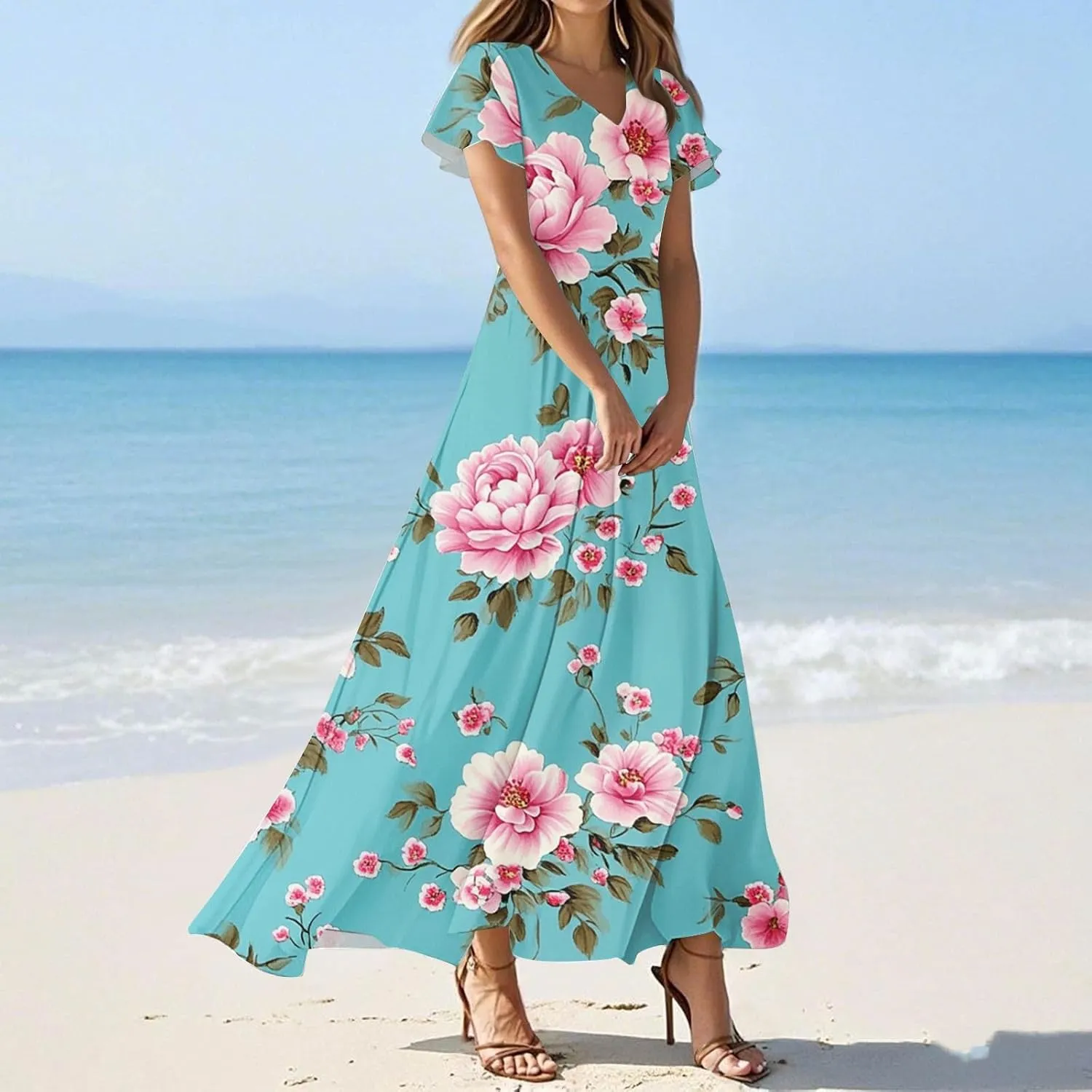 Womens Spring Dresses,Women's Loose Casual V-Neck Short Sleeved High Waisted Print Chiffon Dress