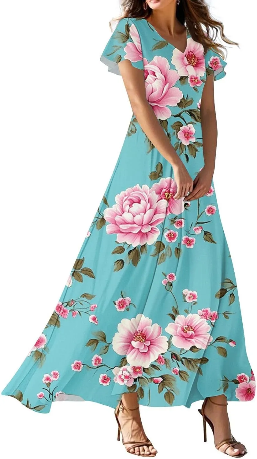 Womens Spring Dresses,Women's Loose Casual V-Neck Short Sleeved High Waisted Print Chiffon Dress