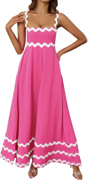 Womens Spring Maxi Dress Fit and Flare Square Neck Long Flowy Dress Sundress Spaghetti Strap Vacation Maxi Dresses