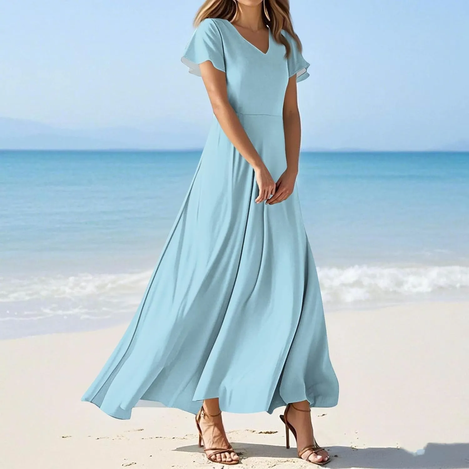 Women's Spring Summer V-Neck Ruffle Short Sleeve Casual Solid Aline Swing Sun Dresses, XS-2XL