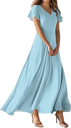 Women's Spring Summer V-Neck Ruffle Short Sleeve Casual Solid Aline Swing Sun Dresses, XS-2XL