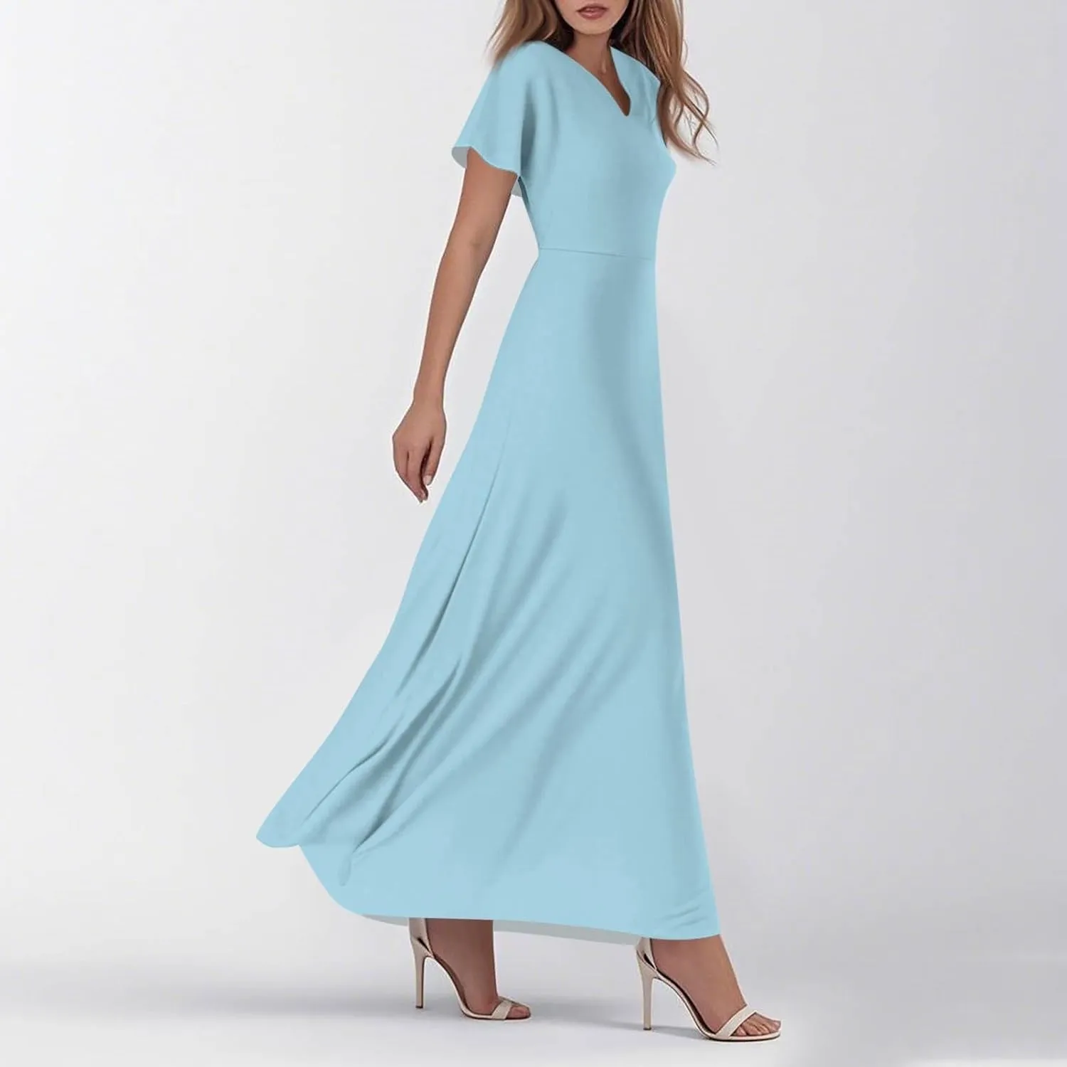 Women's Spring Summer V-Neck Ruffle Short Sleeve Casual Solid Aline Swing Sun Dresses, XS-2XL