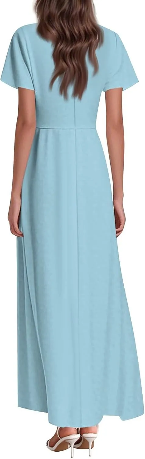 Women's Spring Summer V-Neck Ruffle Short Sleeve Casual Solid Aline Swing Sun Dresses, XS-2XL