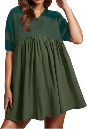Womens Stripe Lapel Henley Neck Sweatshirt Dress Short Sleeve Drop Shoulder Color Block Ruffle Patchwork Mini Dress