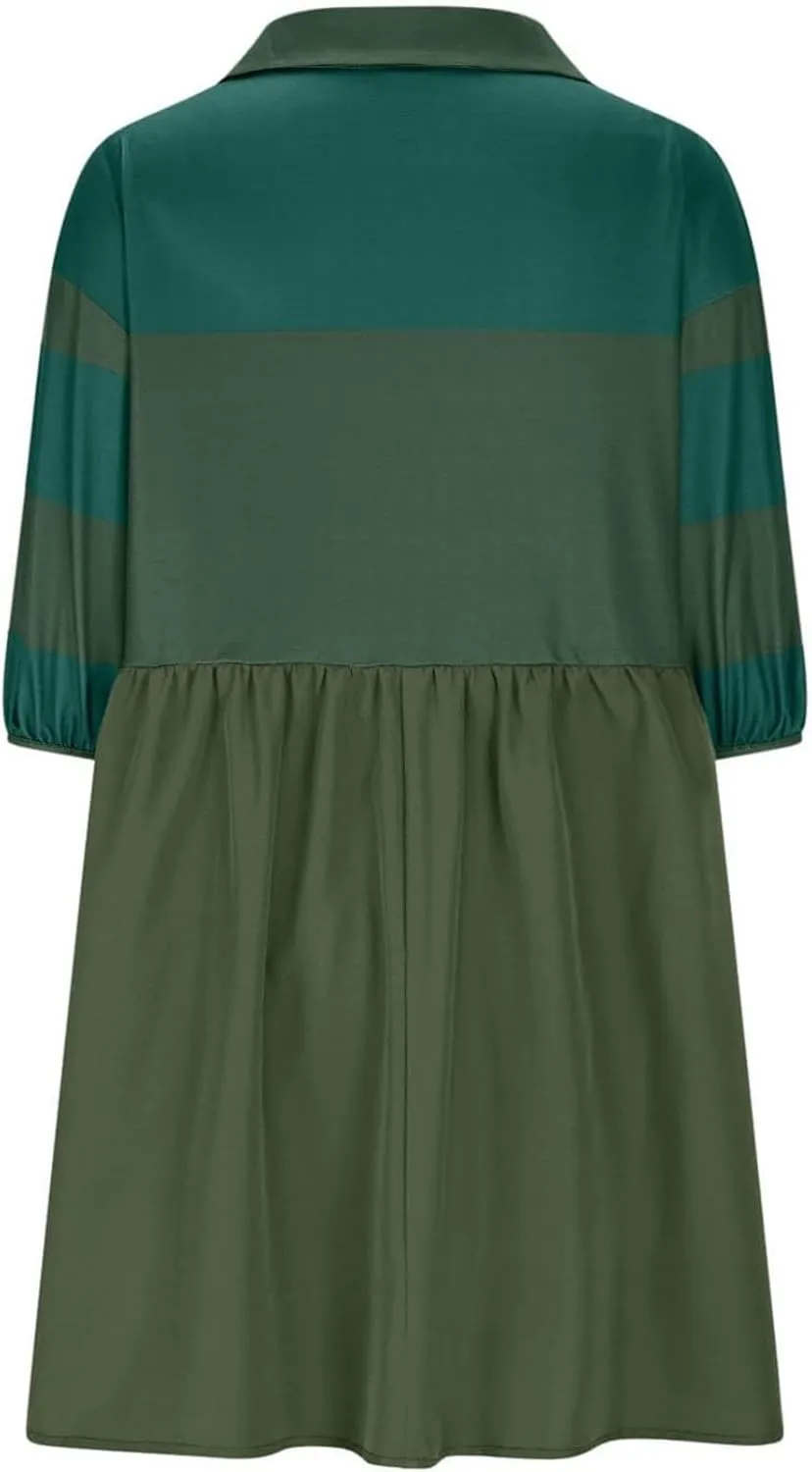Womens Stripe Lapel Henley Neck Sweatshirt Dress Short Sleeve Drop Shoulder Color Block Ruffle Patchwork Mini Dress