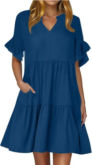 Womens Summer 2025 Trendy Ruffle Short Sleeve V Neck A Line Tiered Flowy Loose Casual Mini Beach Shirt Dress with Pockets