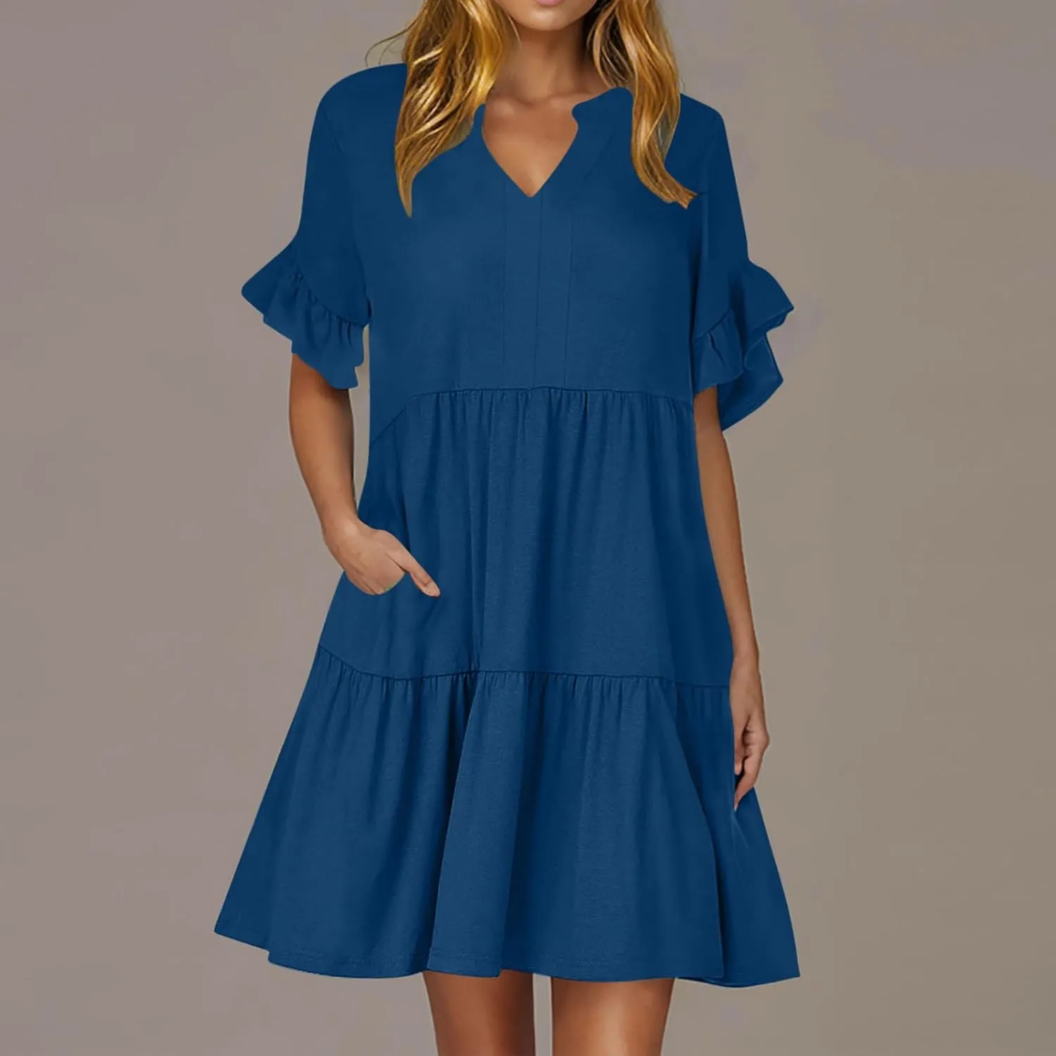 Womens Summer 2025 Trendy Ruffle Short Sleeve V Neck A Line Tiered Flowy Loose Casual Mini Beach Shirt Dress with Pockets