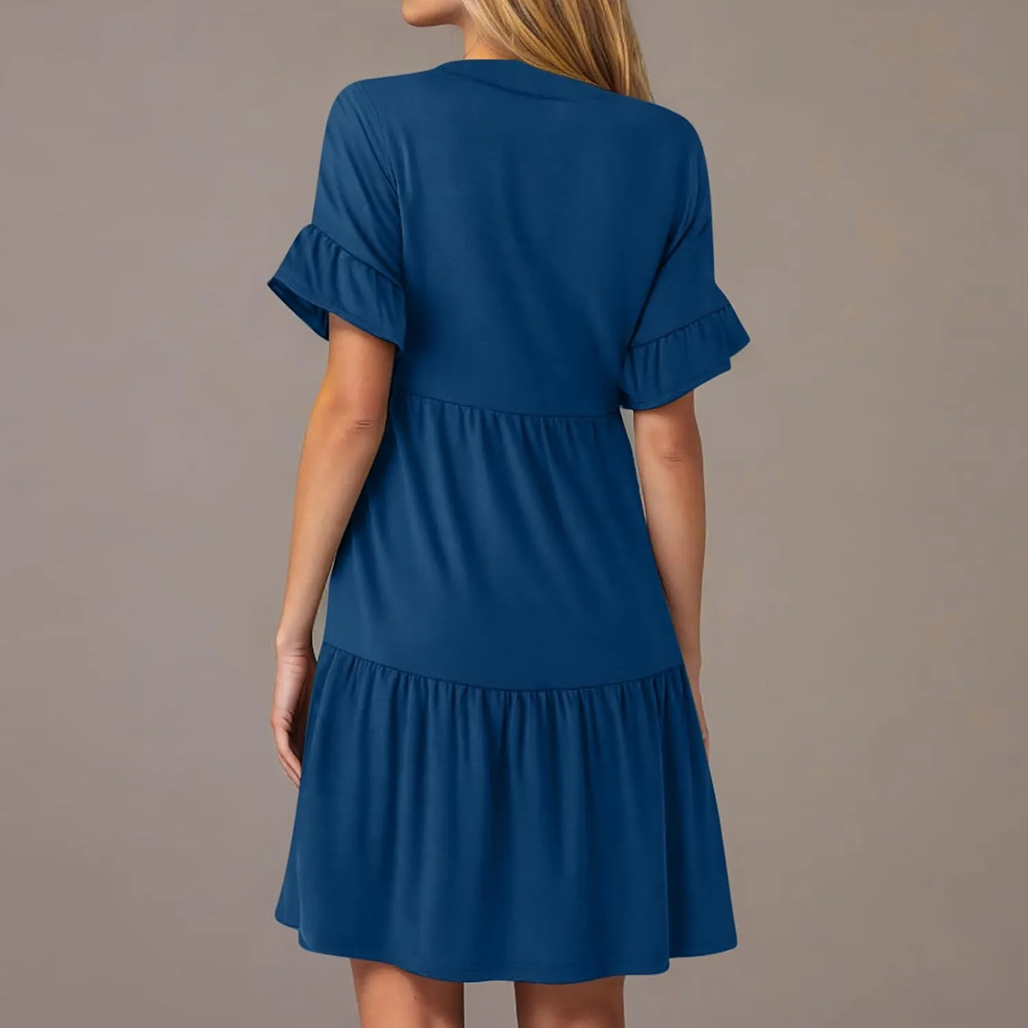Womens Summer 2025 Trendy Ruffle Short Sleeve V Neck A Line Tiered Flowy Loose Casual Mini Beach Shirt Dress with Pockets
