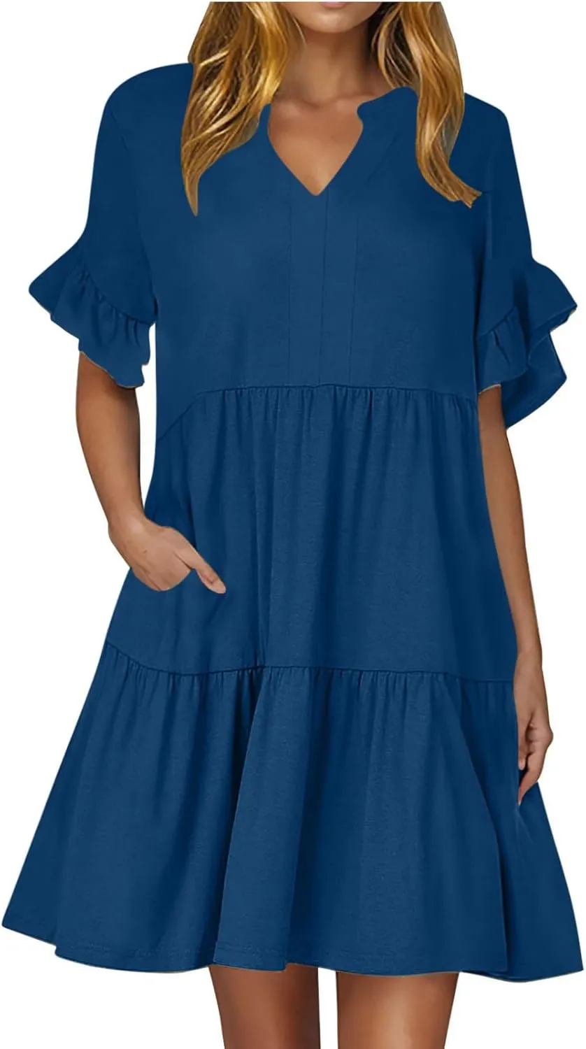 Womens Summer 2025 Trendy Ruffle Short Sleeve V Neck A Line Tiered Flowy Loose Casual Mini Beach Shirt Dress with Pockets