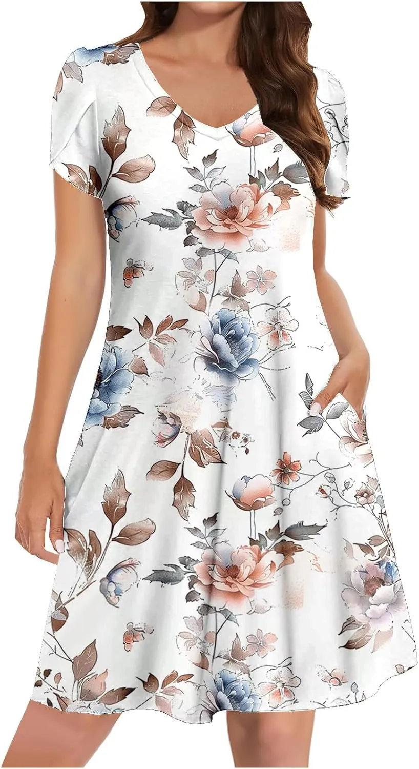 Womens Summer A-Line Dress Casual Floral Boho Dresses Flowy Beach Swing Sundress with Pockets Vacation Travel Outfits