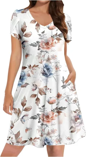Womens Summer A-Line Dress Casual Floral Boho Dresses Flowy Beach Swing Sundress with Pockets Vacation Travel Outfits